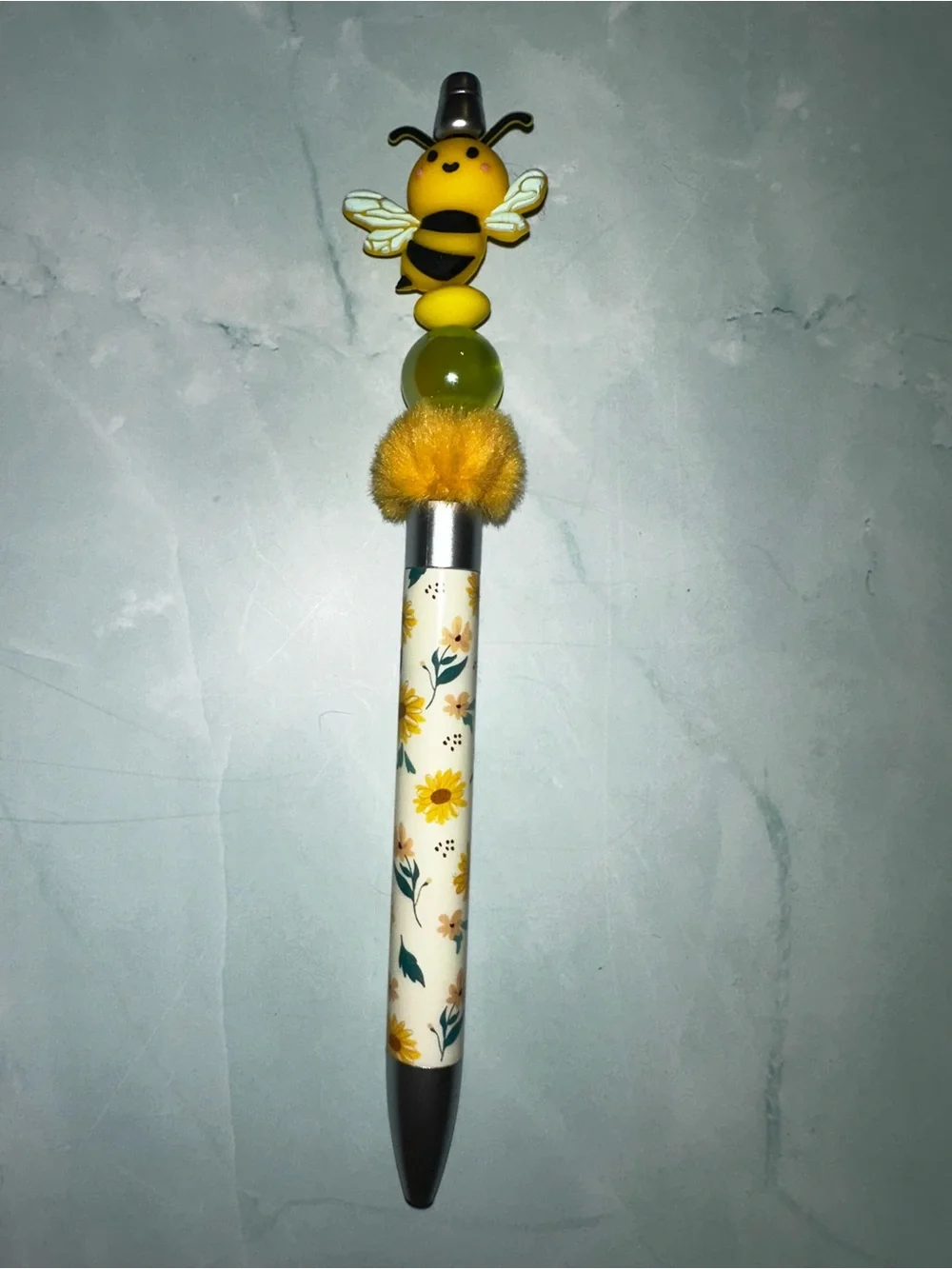 Yellow Bee Floral Ballpoint Pen with Pom Topper